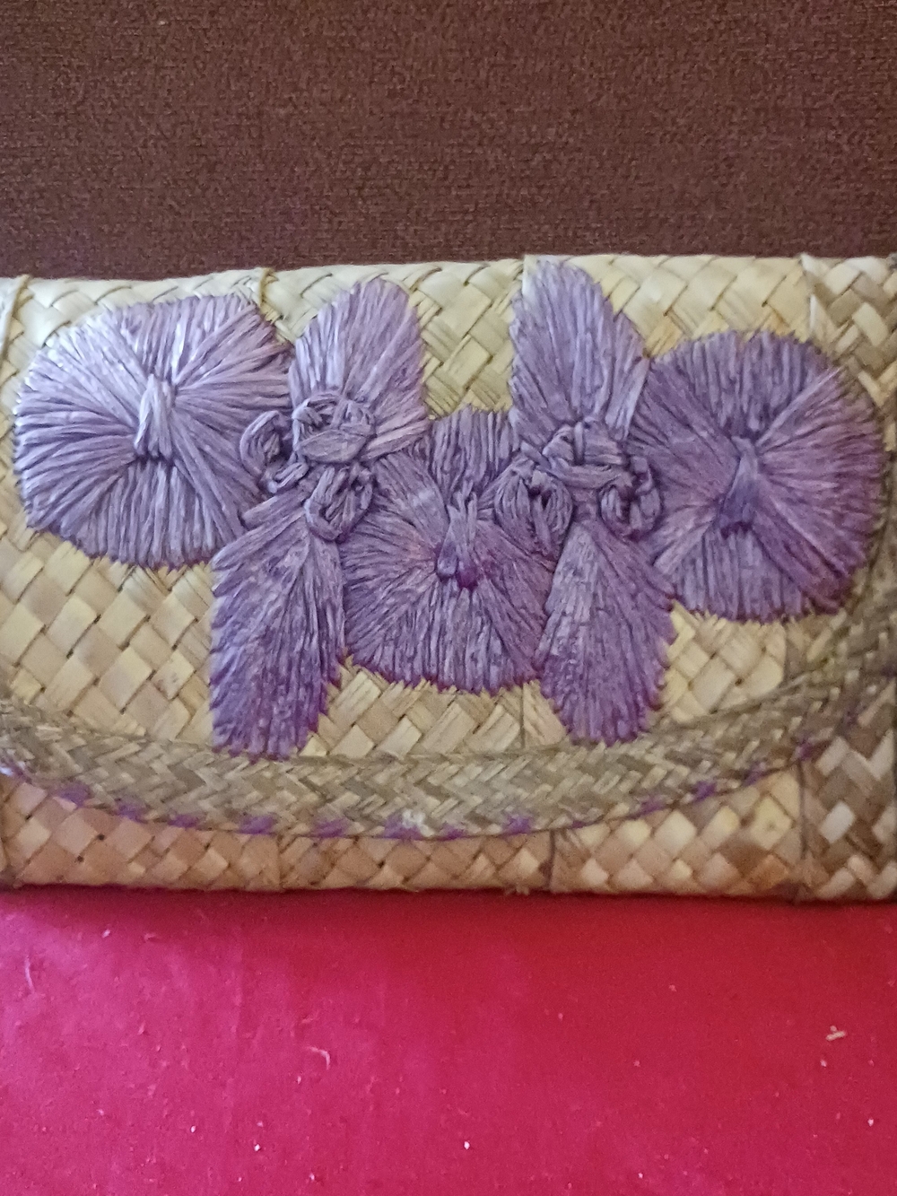 Handwoven Straw Clutch with Lavender Embroidery